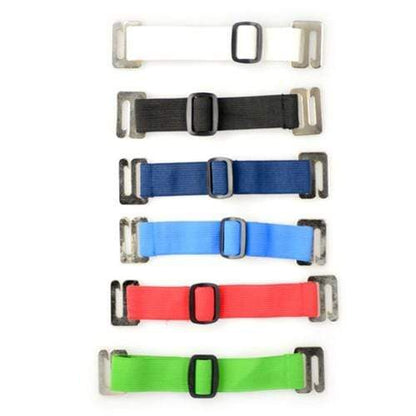 Six adjustable fabric wristbands, each featuring a metal buckle, are displayed aligned vertically in various colors (white, black, dark blue, light blue, red, and green), and can also be used to attach a Vinyl Horizontal Arm Band Badge Holder With Elastic Strap (P/N 1840-7000) for added versatility.