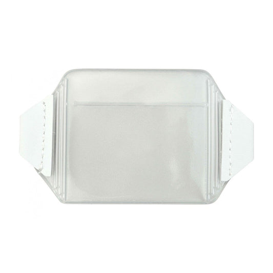 A clear, rectangular plastic sleeve with two white flaps on each side, perfect for use as a Vinyl Horizontal Arm Band Badge Holder With Elastic Strap (P/N 1840-7000). Sold by Specialist ID.