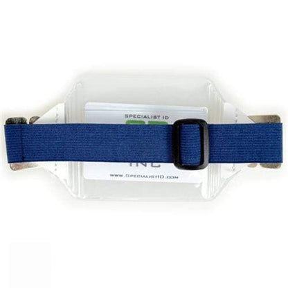 A Vinyl Horizontal Arm Band Badge Holder With Elastic Strap (P/N 1840-7000) with a blue adjustable strap. Sold by Specialist ID.