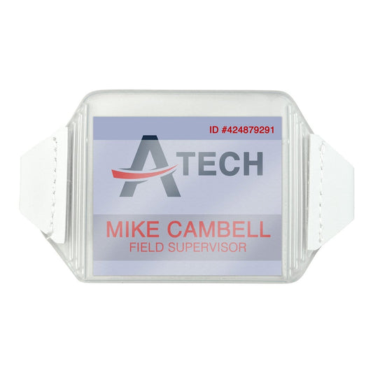 A rectangular employee badge with "A TECH," the name "Mike Cambell," and "Field Supervisor." The ID number is 424879291. The badge is cleverly encased in a durable Vinyl Horizontal Arm Band Badge Holder With Elastic Strap (P/N 1840-7000), perfect for displaying his credentials securely.