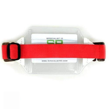 Vinyl Horizontal Arm Band Badge Holder With Elastic Strap (P/N 1840-7000). The clear plastic holder's text reads "SPECIALIST ID" and is credit card size for convenience. Sold by Specialist ID.