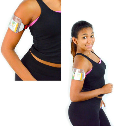 A person in a black athletic outfit wears a Vinyl Horizontal Arm Band Badge Holder With Elastic Strap (P/N 1840-7000) with a transparent pocket containing cards. Sold by Specialist ID.