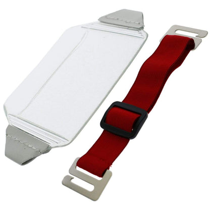 A clear over size vinyl horizontal arm band badge holder (P/N 1840-7100) with gray trim sits beside a red adjustable strap with metal buckles, reminiscent of an armband badge holder.