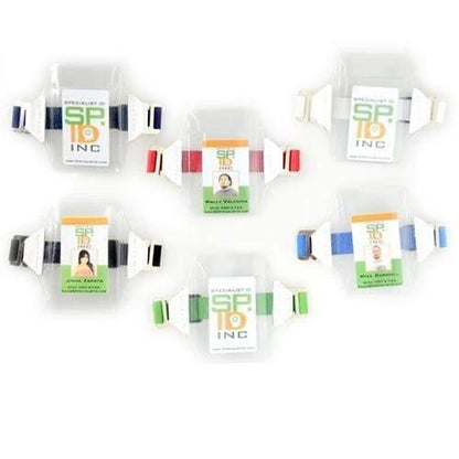Five Oversize Vertical Armband Badge Holders (1840-7110) with adjustable colorful straps and name tags inside displaying different names and photos arranged in two rows, crafted from heavy-duty vinyl for durability.