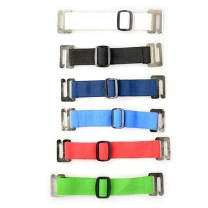 Six colorful Oversize Vertical Armband Badge Holder (1840-7110) made of heavy-duty vinyl with metal clasps, displayed vertically from top to bottom in white, black, dark blue, light blue, red, and green.