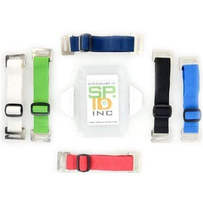 Various colored luggage straps are arranged in a circle around a package marked "Oversize Vertical Armband Badge Holder (1840-7110)," showcasing their durability akin to an ID badge holder made from heavy-duty vinyl.