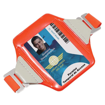 Reflective Bright Orange Arm Badge Holder with Glow-in-the-Dark Tabs and Included Armband displaying a temporary access permit for "Líneas Aéreas del Sur" with a photo and name of an individual.