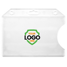 Custom Horizontal Open-Face Rigid Plastic Card Holder (1840-811X) - Add Your Logo with two punched holes at the top and a slot for your logo in the center. There is an indentation on the right side for easy card removal.