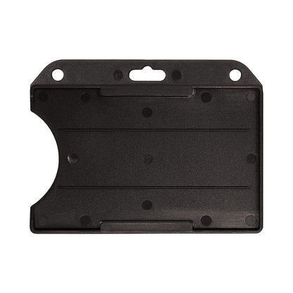 A Horizontal Open-Face Rigid Plastic Card Holder (1840-811X) with rounded corners and various cutouts for securing the ID. Sold by Specialist ID.