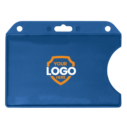 A blue, personalized Custom Horizontal Open-Face Rigid Plastic Card Holder (1840-811X) - Add Your Logo with two holes at the top and an orange and white logo in the center, featuring a shield shape with the text "Your Logo Here.
