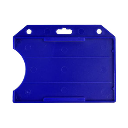 A Horizontal Open-Face Rigid Plastic Card Holder (1840-811X) with rounded edges and a semi-circular cutout on the left side. This open-face ID card holder has a cutout and two holes at the top for attachment.