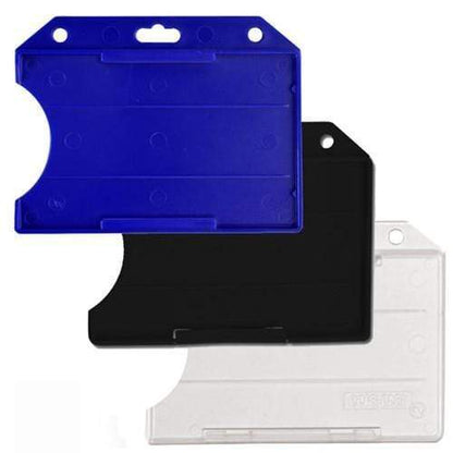 Three Horizontal Open-Face Rigid Plastic Card Holders (1840-811X): one blue, one black, and one clear. They are arranged in a staggered fashion against a plain white background. Sold by Specialist ID.