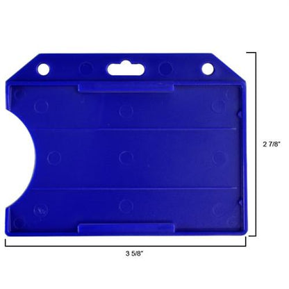 A Horizontal Open-Face Rigid Plastic Card Holder (1840-811X) with dimensions 3 5/8 inches by 2 7/8 inches, featuring a slot for a clip and round indentations on the front. Sold by Specialist ID.