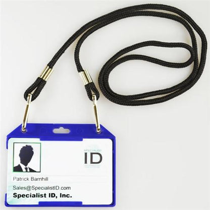 A blue lanyard with a Horizontal Open-Face Rigid Plastic Card Holder (1840-811X) displays an ID badge featuring the name "Patrick Barnhill," email "Sales@SpecialistID.com," and the company "Specialist ID, Inc." beside a silhouette of a person.
