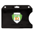 A Custom Horizontal Open-Face Rigid Plastic Card Holder (1840-811X) - Add Your Logo featuring the "SP ID Specialist ID Inc." logo in the center. The custom logo ID card holder showcases a green and white shield with a keyhole icon, ensuring security with style.