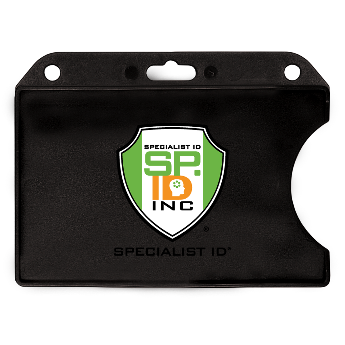 A Custom Horizontal Open-Face Rigid Plastic Card Holder (1840-811X) - Add Your Logo featuring the "SP ID Specialist ID Inc." logo in the center. The custom logo ID card holder showcases a green and white shield with a keyhole icon, ensuring security with style.