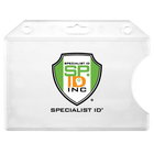 Clear plastic badge holder with a logo displaying a shield shape containing the text "SPECIALIST ID SP ID INC" in green, orange, and black. This Custom Horizontal Open-Face Rigid Plastic Card Holder (1840-811X) - Add Your Logo features holes for lanyard attachment, making it ideal for personalized badge holders.