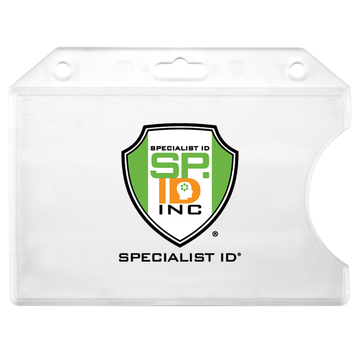 Clear plastic badge holder with a logo displaying a shield shape containing the text "SPECIALIST ID SP ID INC" in green, orange, and black. This Custom Horizontal Open-Face Rigid Plastic Card Holder (1840-811X) - Add Your Logo features holes for lanyard attachment, making it ideal for personalized badge holders.