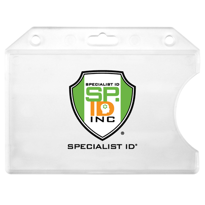 Clear plastic badge holder with a logo displaying a shield shape containing the text "SPECIALIST ID SP ID INC" in green, orange, and black. This Custom Horizontal Open-Face Rigid Plastic Card Holder (1840-811X) - Add Your Logo features holes for lanyard attachment, making it ideal for personalized badge holders.