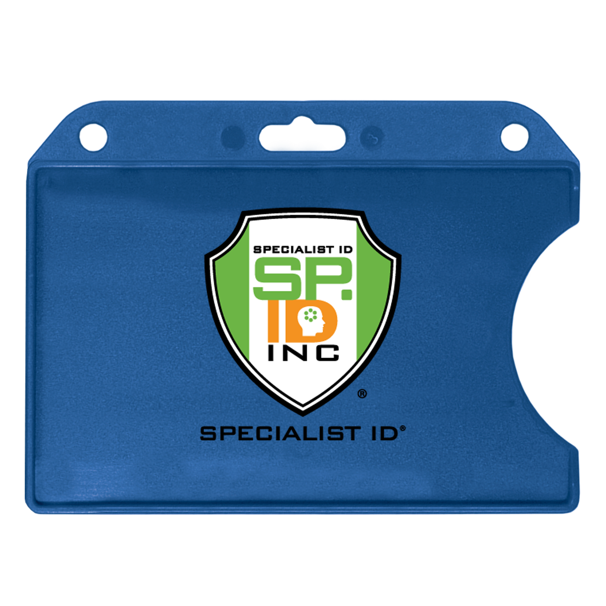 Custom Horizontal Open-Face Rigid Plastic Card Holder (1840-811X) - Add Your Logo with the "Specialist ID" logo and the text "SP ID INC" displayed on the front, perfect for those seeking personalized badge holders.