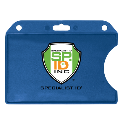 Custom Horizontal Open-Face Rigid Plastic Card Holder (1840-811X) - Add Your Logo with the "Specialist ID" logo and the text "SP ID INC" displayed on the front, perfect for those seeking personalized badge holders.