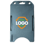 A grey vertical plastic card holder with two slots on each side and a recess at the top for attaching a clip. The center features a shield with the text "Your Logo Here," making it one of our finest Custom Vertical Open Faced Plastic ID Badge Holder (1840-816X) - Upload Your Logo.