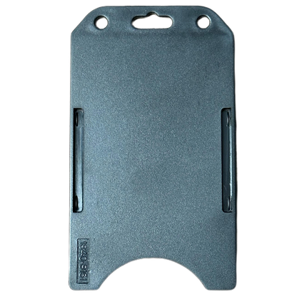 A gray Vertical Open Face Plastic ID Holder (1840-816X) featuring a rigid design with two slots for lanyards and a cutout at the bottom for easy access to your photo ID badge.