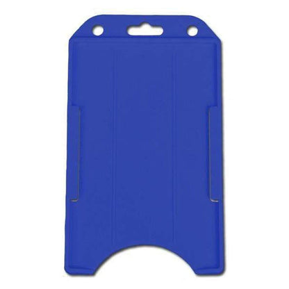 A Vertical Open Face Plastic ID Holder (1840-816X) with cut-out slots on each side and a hole at the top for attachment. Featuring a rigid plastic design, it's perfect for securely displaying your photo ID badge.