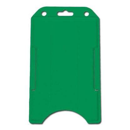 Vertical Open Face Plastic ID Holder (1840-816X) with a rigid plastic design, featuring a rectangular shape, two side slots, and a hole for attaching a lanyard at the top.