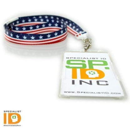 ID badge with a lanyard featuring a design of the American flag, showing stars and stripes. The badge reads "SPECIALIST ID INC" with the company's logo and website. The Vertical Open Face Plastic ID Holder (1840-816X) ensures durability and protects your photo ID from daily wear and tear.