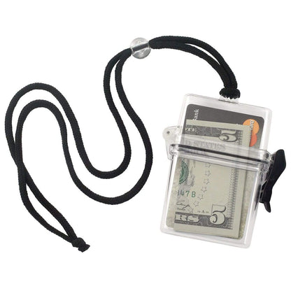 A Multi-Card Clear Rigid Water Resistant Holder (1840-9000/WPH-1) on a black lanyard holds a five-dollar bill and a credit card, offering the perfect blend of convenience and security.