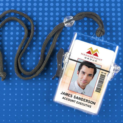 A Multi-Card Clear Rigid Water Resistant Holder (1840-9000/WPH-1) with a black lanyard shows the photo, name "James Sanderson," and title "Account Executive" for Management Group against a blue background.