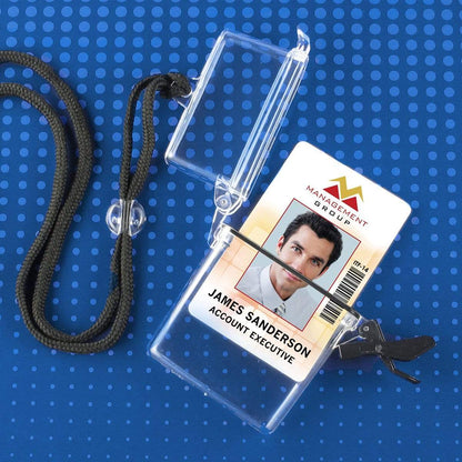 A Multi-Card Clear Rigid Water Resistant Holder (1840-9000/WPH-1) with a lanyard containing an ID card for "James Sanderson, Account Executive" from Management Group. Sold by Specialist ID.