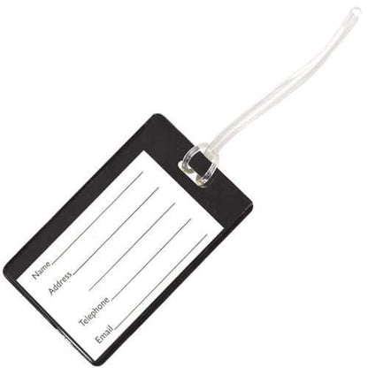 A black Color Coded Backpack ID Tag with Loop - Semi Rigid Holds a Business Card or Included Identification Card (1845-200X) with a clear worm loop strap is shown. The tag holder has fields for name, address, telephone, and email information.