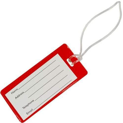A Color Coded Backpack ID Tags with Loop - Semi Rigid Holds a Business Card or Included Identification Card (1845-200X) red semi-rigid vinyl luggage tag with fields for name, address, telephone, and email, attached to a clear worm loop.