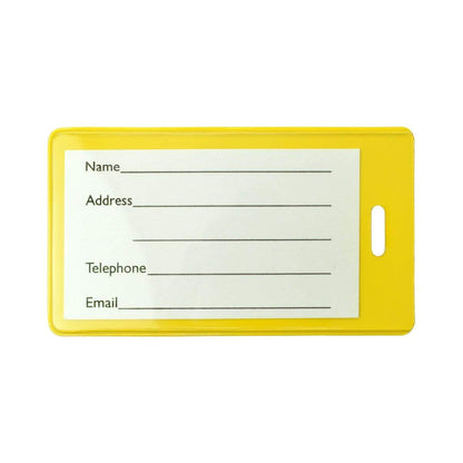 A Color Coded Backpack ID Tags with Loop - Semi Rigid Holds a Business Card or Included Identification Card (1845-200X) in yellow, featuring blank fields for Name, Address, Telephone, and Email. The luggage tag holder includes a slot for easy attachment with a clear worm loop.