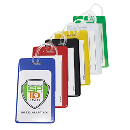 Five colored Color Coded Backpack ID Tags with Loop - Semi Rigid Holds a Business Card or Included Identification Card (1845-200X) (blue, red, black, yellow, green) in Semi-Rigid Vinyl with clear worm loop attachments. Each luggage tag holder features a white label area and the Specialist ID logo on the front.