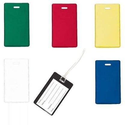 Six colorful Color Coded Backpack ID Tags with Loop - Semi Rigid Holds a Business Card or Included Identification Card (1845-200X) in green, red, yellow, white, and blue. One black tag is shown with a lined insert for personal information and a clear worm loop strap for secure attachment.