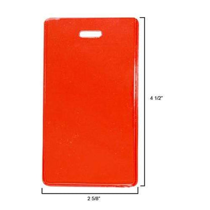 A rectangular red Color Coded Backpack ID Tag with Loop - Semi Rigid Holds a Business Card or Included Identification Card (1845-200X), measuring 4 1/2 inches in height and 2 5/8 inches in width, resembling a semi-rigid vinyl luggage tag with a small horizontal slot at the top.