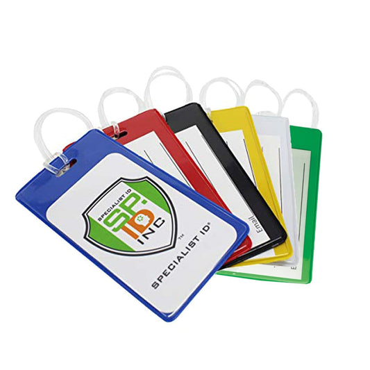 A set of five vibrant Color Coded Backpack ID Tags with Loop - Semi Rigid Holds a Business Card or Included Identification Card (1845-200X) (blue, red, black, yellow, and green) made from semi-rigid vinyl with white labels and clear worm loops for easy attachment.
