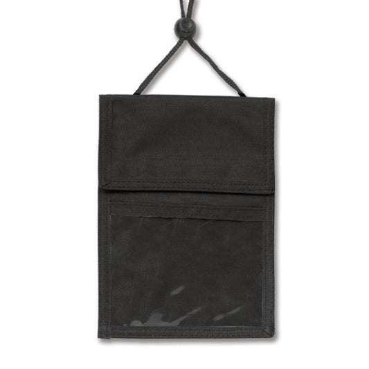 Black 3-Pocket Credential Neck Wallet with Adjustable Lanyard (1860-2501) with a transparent front pocket, an adjustable lanyard, and a flap secured by a loop.