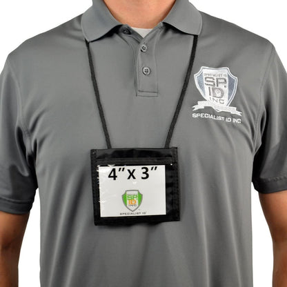 Person wearing a gray polo shirt with a company logo, displaying an exhibitor badge in a Premium Color 3 Pocket 4x3 Nylon Credential Neck Lanyard Wallet with Adjustable Lanyard (1860-260X) around their neck.