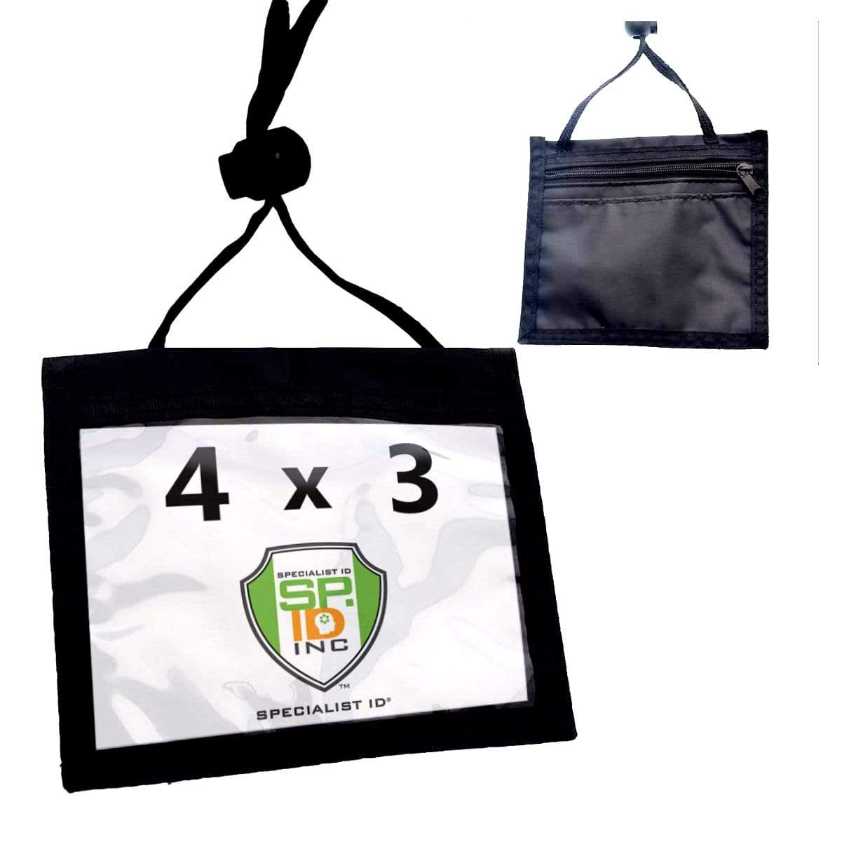 Two black badge holders are shown. One displays a "4 x 3" exhibitor badge with a logo, while the other showcases a zippered compartment on the back. Both feature adjustable 48" lanyards and are designed as Premium Color 3 Pocket 4x3 Nylon Credential Neck Lanyard Wallet with Adjustable Lanyard (1860-260X).