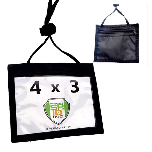 Two black badge holders are shown. One displays a "4 x 3" exhibitor badge with a logo, while the other showcases a zippered compartment on the back. Both feature adjustable 48" lanyards and are designed as Premium Color 3 Pocket 4x3 Nylon Credential Neck Lanyard Wallet with Adjustable Lanyard (1860-260X).