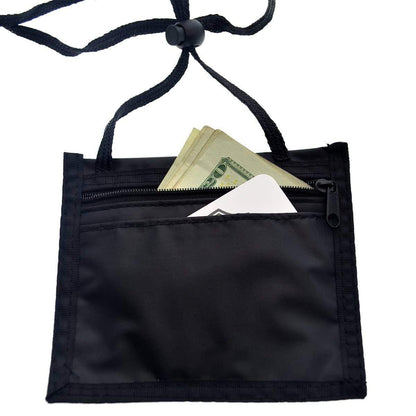 A Premium Color 3 Pocket 4x3 Nylon Credential Neck Lanyard Wallet with Adjustable Lanyard (1860-260X) displaying cash and a partially visible exhibitor badge in its zippered compartment, with an adjustable 48" lanyard for easy wear.