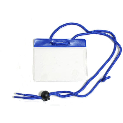 A clear plastic **Government Size 3 3/8 X 2 9/16 Horizontal Color-Bar Badge Holder with Lanyard (1860-280X)** comes with a blue top and an attached adjustable blue lanyard, ideal for color-coded groups.