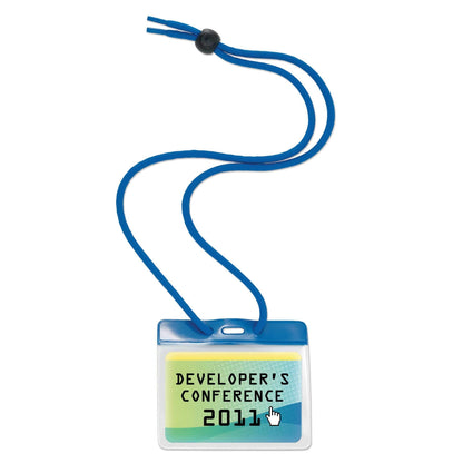 A Government Size 3 3/8 X 2 9/16 Horizontal Color-Bar Badge Holder with Lanyard (1860-280X) name tag with 'Developer's Conference 2011' written on it. The adjustable lanyard is coiled, and there’s a cursor icon pointing at the text ‘2011’.
