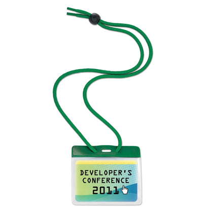 An Government Size 3 3/8 X 2 9/16 Horizontal Color-Bar Badge Holder with Lanyard (1860-280X) displaying "Developer's Conference 2011" in bold black text on a multicolored background, perfect for color-coded groups or events.