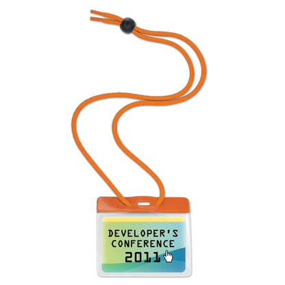 An adjustable orange lanyard with a Government Size 3 3/8 X 2 9/16 Horizontal Color-Bar Badge Holder with Lanyard (1860-280X) reading "Developer's Conference 2011," perfect for color-coded groups.
