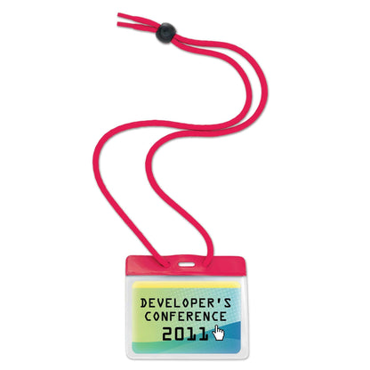 A Government Size 3 3/8 X 2 9/16 Horizontal Color-Bar Badge Holder with Lanyard (1860-280X) holds a name badge that reads, "Developer's Conference 2011," with a cursor icon pointing to the year.
